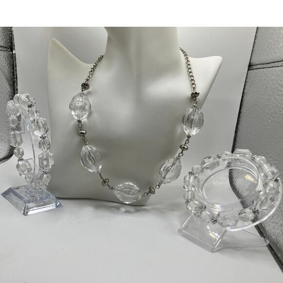 Clear Beaded Crystal Silver-Tone Spacers Necklace & 2 Bracelets Set! - Picture 8 of 13